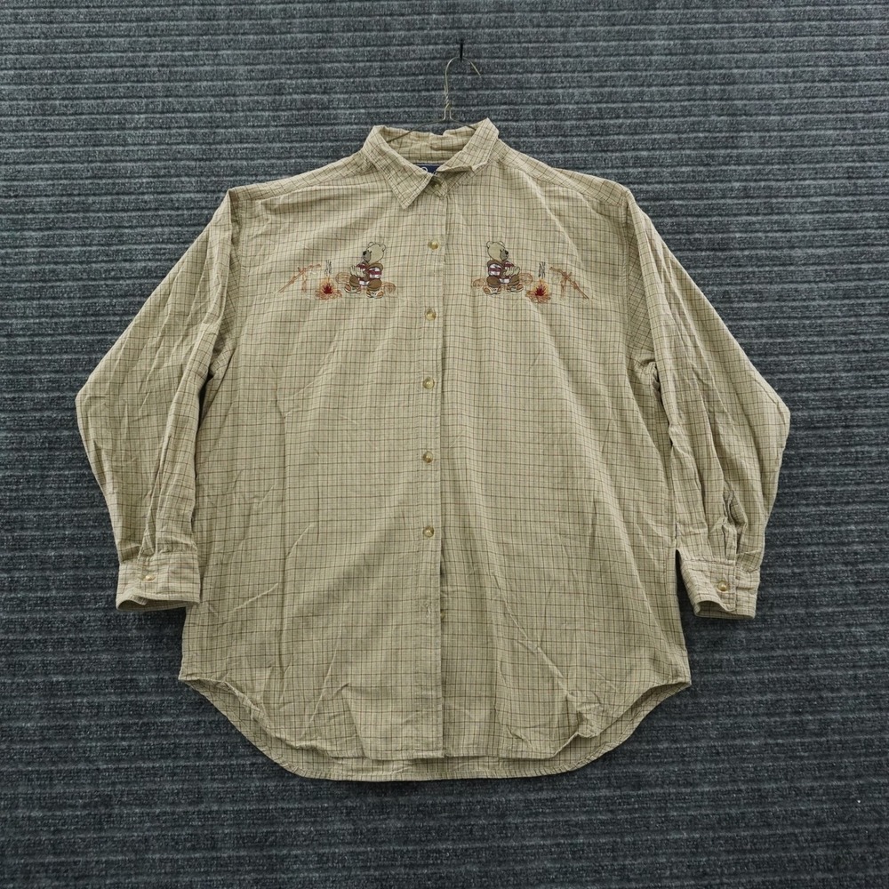 VTG Let's Quizz Again Button Down Shirt L Tan Embroidered Teddy Bear Grid Cotton
